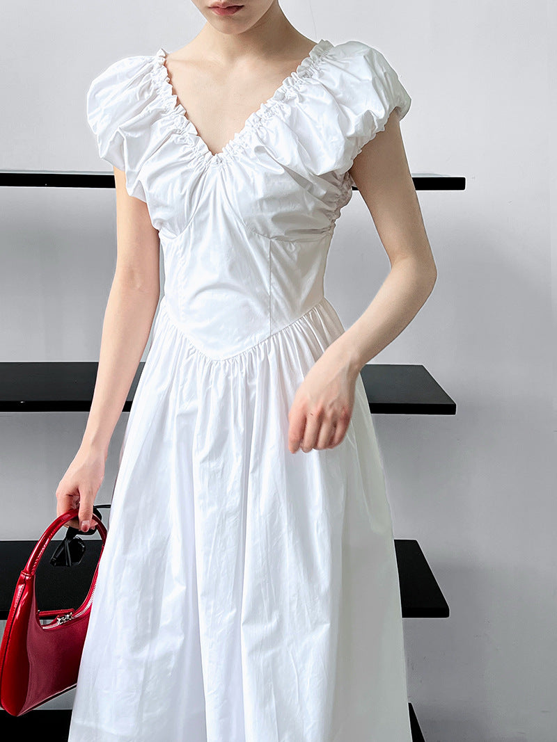 French Fitted Waist Backless V neck Dress Women Elegant High Grade Sleeveless Pleated Dress