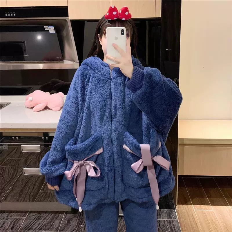 150.00kg Plus Size Ladies plus Size Hooded Coral Velvet Pajamas Suit Women's Winter Fleece-lined Thick Loose Pajamas Homewear