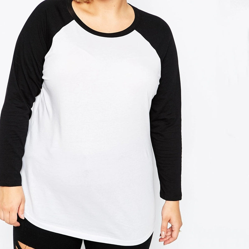 European and American plus Size Black and White Color Block Casual Long Sleeve T-shirt