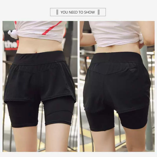 Pantalones cortos deportivos de talla grande para mujer, pantalones cortos holgados de talla grande para gimnasio, pantalones de Yoga de dos piezas falsos para correr con cinta de moda de secado rápido para gimnasio