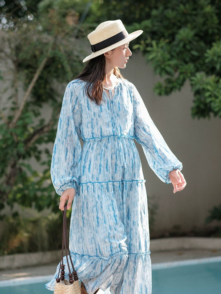 Robe bleue de protection solaire d'automne de style vacances en bord de mer