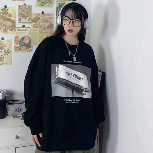 150.00kg Plus Size Ladies Plus Size Spring and Autumn Thin Student American Retro Loose Oversize Sweatshirt Outwear Female Ins Fashion