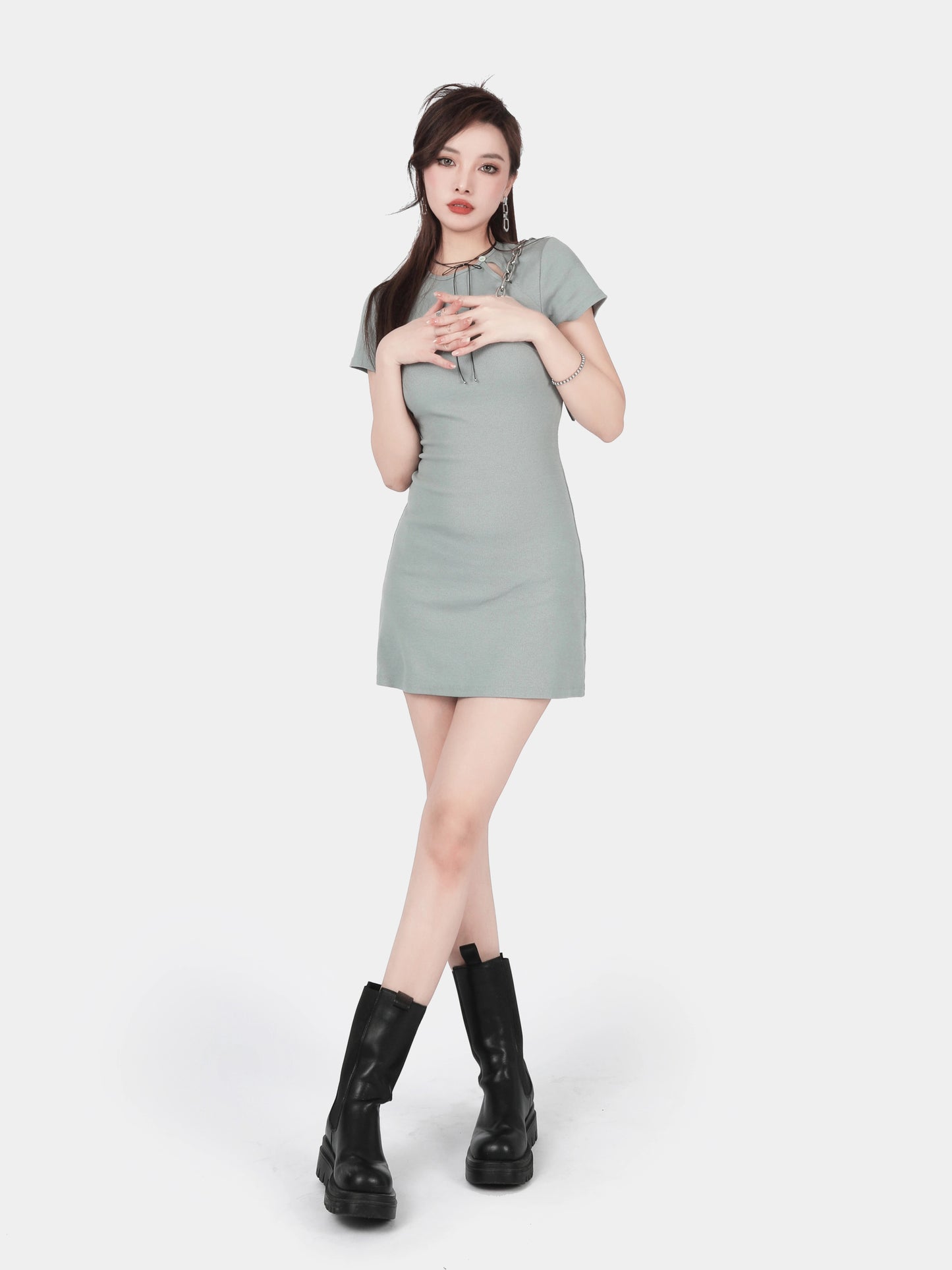 Mucha Slim-Fit Small round Neck Cotton Short Sleeve T-shirt Skirt