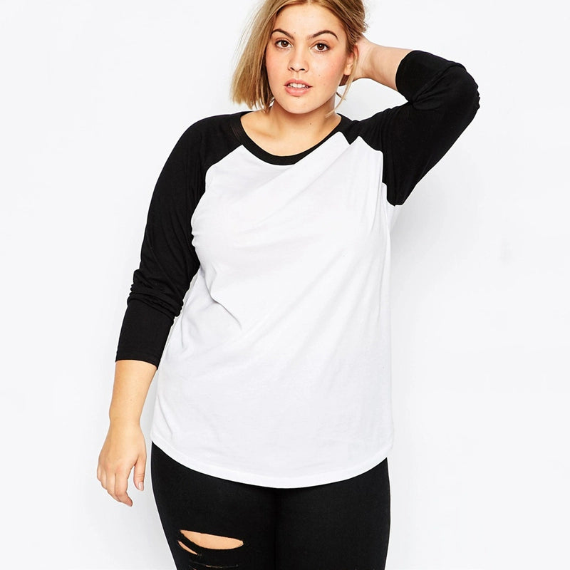 European and American plus Size Black and White Color Block Casual Long Sleeve T-shirt