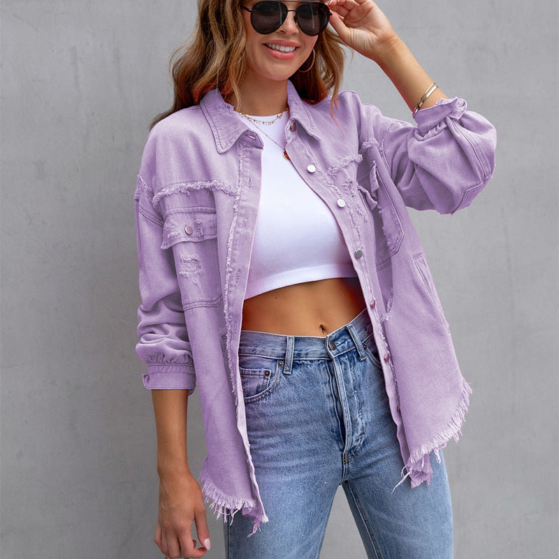 Llegada Multicolor MidLength Ripped Loose Denim Jacket Mujer Chaqueta Mujer