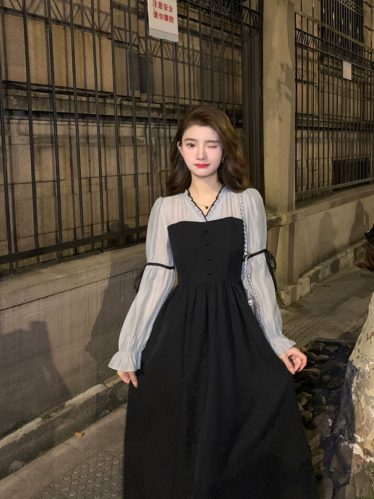 Deng Liuliu Vestido de té elegante y elegante con mangas abullonadas retro