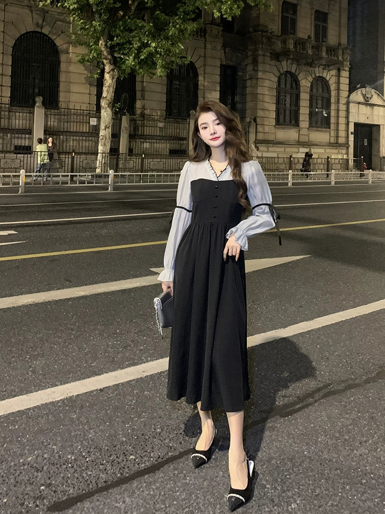 Deng Liuliu Vestido de té elegante y elegante con mangas abullonadas retro