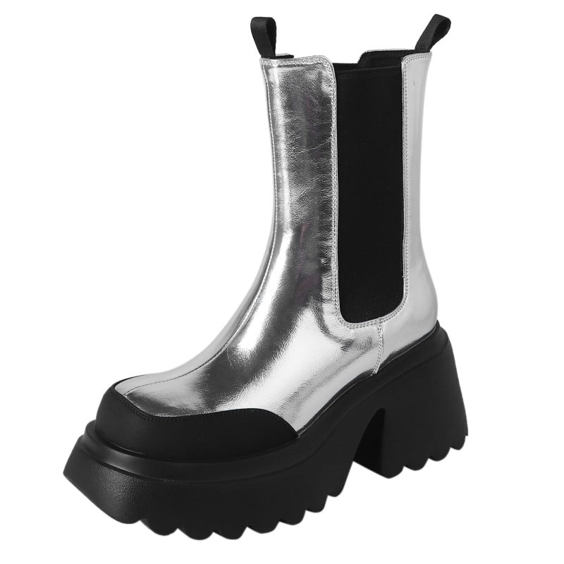 Botas Martin con plataforma plateada de piel de vaca para otoño e invierno, tacones altos, plataforma impermeable con forro polar, tacón grueso elástico para mujer