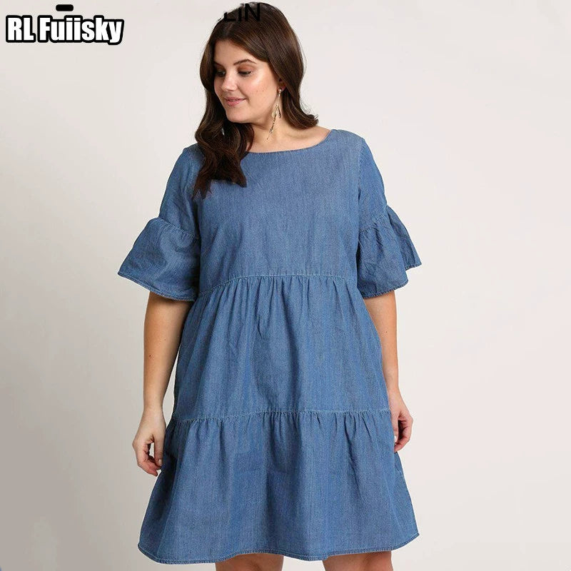 New Spring and Summer New Fashion plus Size Plus Size Ladies Loose Denim Dress Loose-Fit Lotus Leaf Sleeve A- line Dress