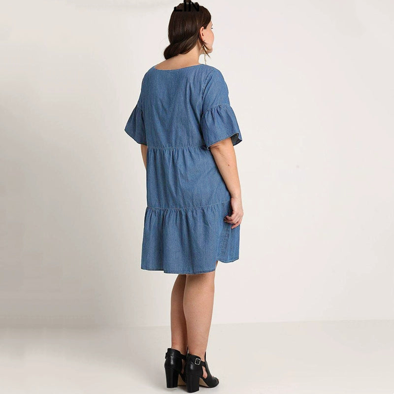 New Spring and Summer New Fashion plus Size Plus Size Ladies Loose Denim Dress Loose-Fit Lotus Leaf Sleeve A- line Dress