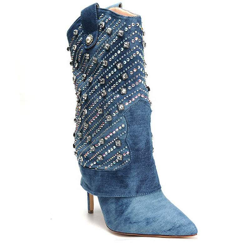 Heavy Industry Pointed Toe Stiletto Rhinestone Women's Boots Jeans Pipe Boots