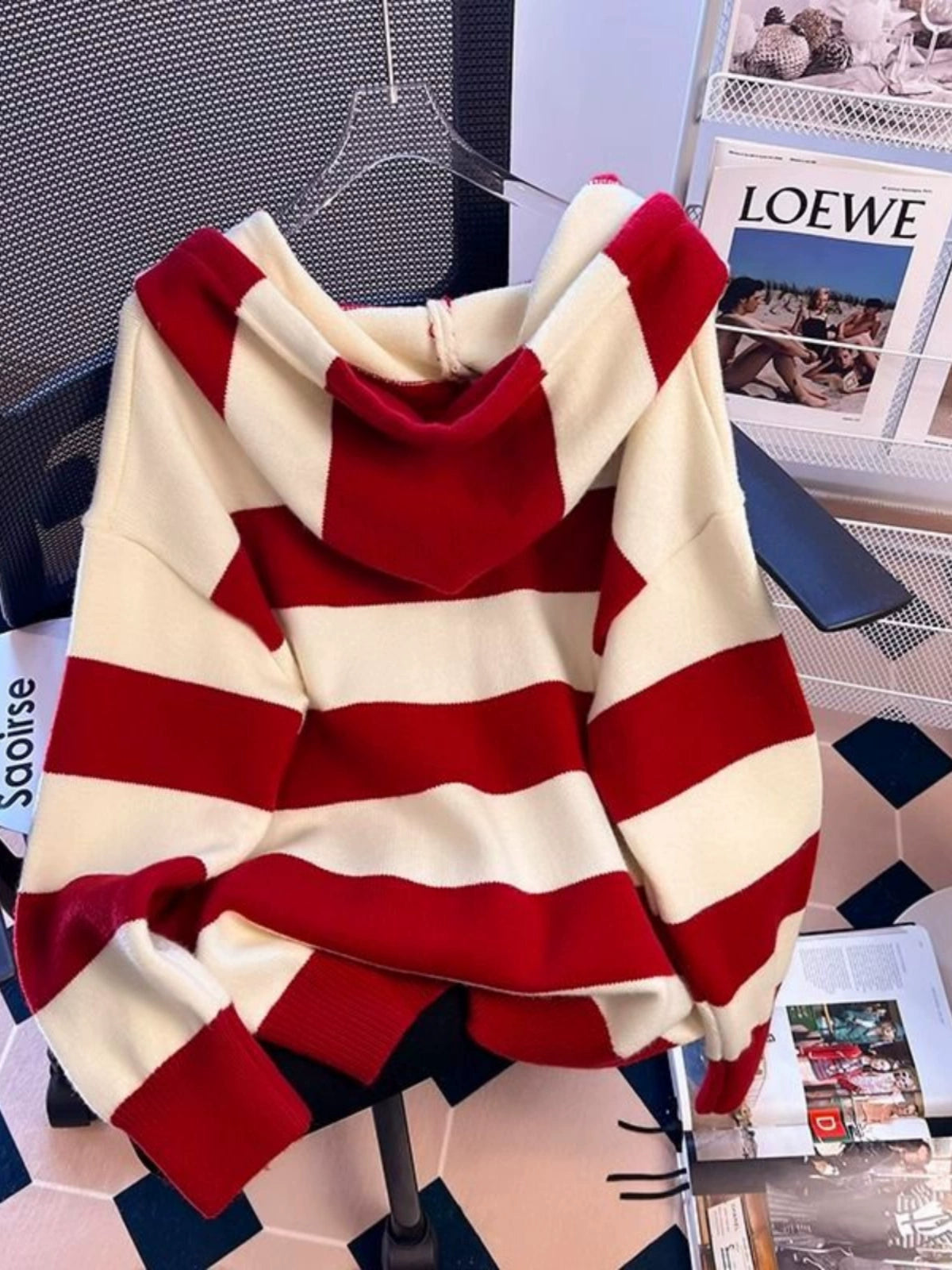 Plus Size Ladies plus Size 150.00kg Idle Style Striped Hooded Sweater Female Loose Soft Glutinous Thickened Sweater Autumn Winter Sweater