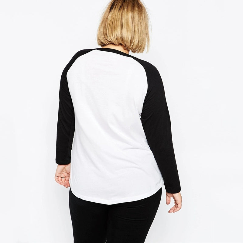 European and American plus Size Black and White Color Block Casual Long Sleeve T-shirt