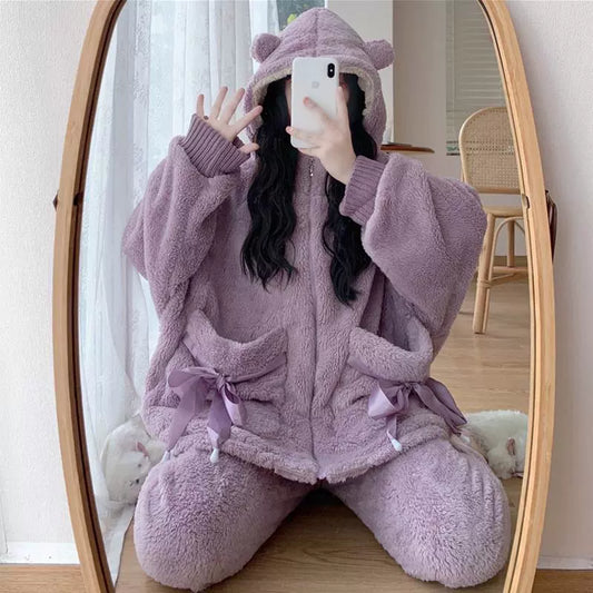 150.00kg Plus Size Ladies plus Size Hooded Coral Velvet Pajamas Suit Women's Winter Fleece-lined Thick Loose Pajamas Homewear