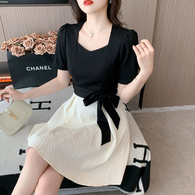 French style Graceful Black Patchwork Dress Women Summer 2024 New Chic Design Sense Hepburn Style Small Man