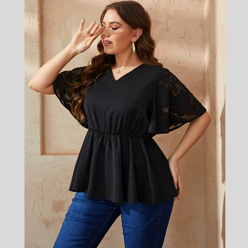 Large Size Women's Clothing for Plump Girls Summer Batwing Short Sleeve V Neck Lace Stitching Coat Loose Fit Slimming Shirt