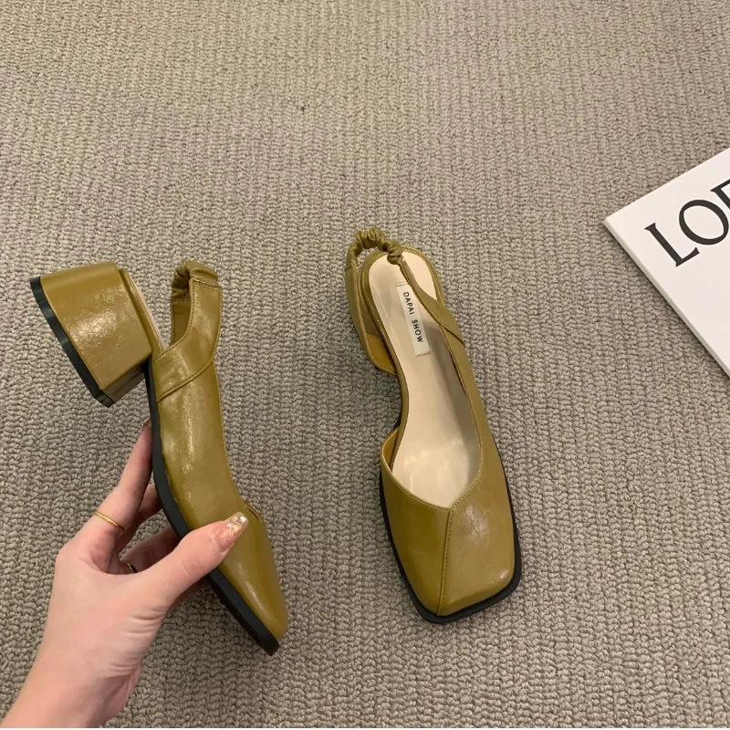 2023 Summer Elegant Ladies Sandals Fashion Ladies Elastic Band Flat Heel Women Shallow Party Shoes Square Heel 35-40 Square Toe