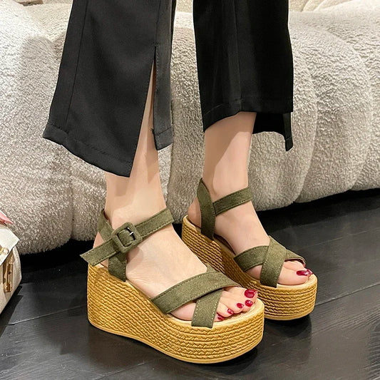 BCEBYL Tacón de cuña novedad de verano plataforma de moda hebilla inferior gruesa zapatos casuales cómodos para caminar sandalias para mujer