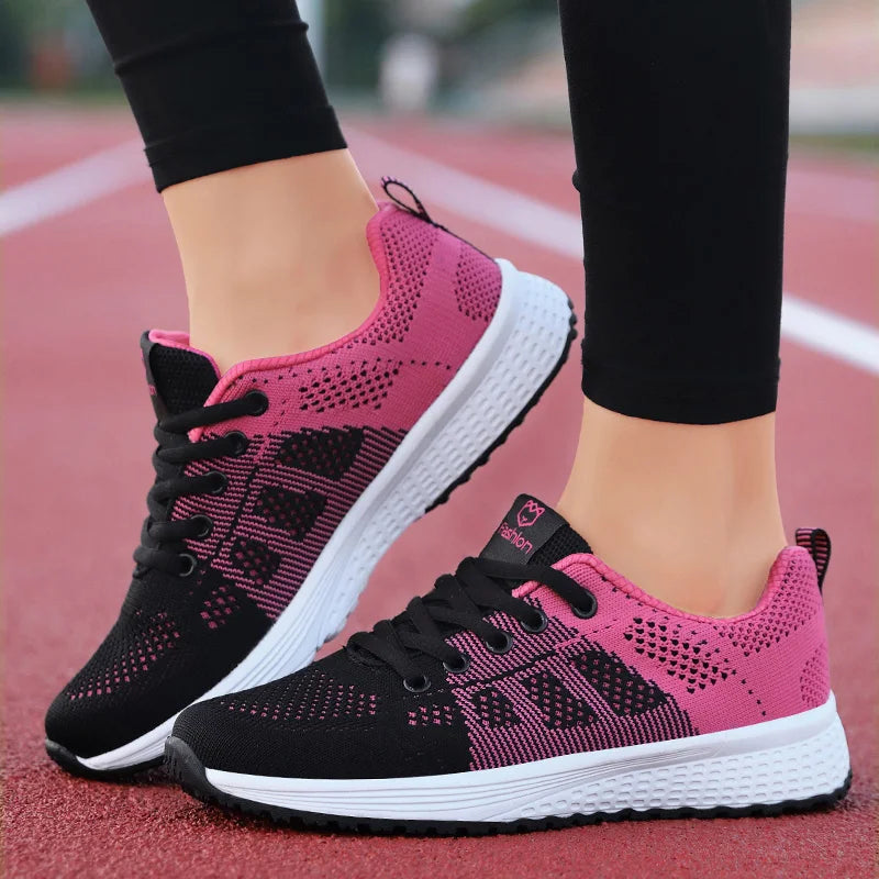 Zapatos casuales de mujer, zapatos planos transpirables de malla con cordones para caminar, zapatillas de deporte para mujer, Tenis femeninos, rosa, negro y blanco