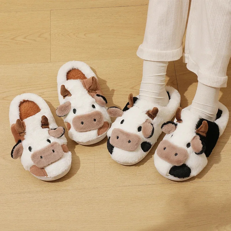 Pantoufles chaudes en peluche unisexes de vache de dessin animé, pantoufles d'intérieur antidérapantes pour Couple, mules de maison pour hommes et femmes, chaussures en coton pour la maison, nouvelle collection hiver