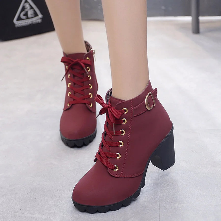 2022 New Spring Winter Women Pumps Boots High Quality Lace-up European Ladies Shoes PU High Heels Boots Fast Delivery