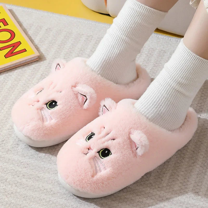 Winter Home Slippers Women Shoes Cute Cartoon Cat Slippers Men Warm Plush Slides Indoor Bedroom Non-Slip Floor Slipper