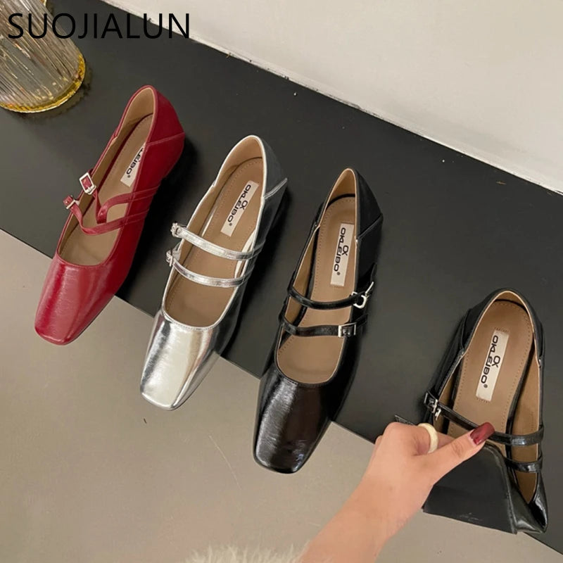 SUOJIALUN 2023 printemps nouvelles femmes chaussures plates mode bout carré peu profond dames Mary Jane ballerines talon plat chaussures de Ballet décontractées