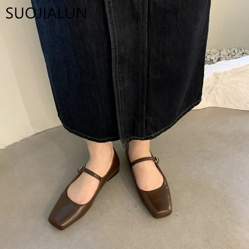 SUOJIALUN – chaussures plates à bout carré pour femmes, nouvelle marque d'été, chaussures Mary Jane peu profondes, souples et décontractées, chaussures de Ballet à Slingback, 2023