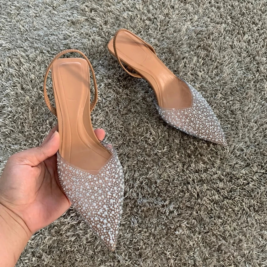 Sandales à talons hauts et bout pointu pour femmes, chaussures Sexy à la mode, décoration de perles, escarpins Slingback pour fête de mariage, été 2023