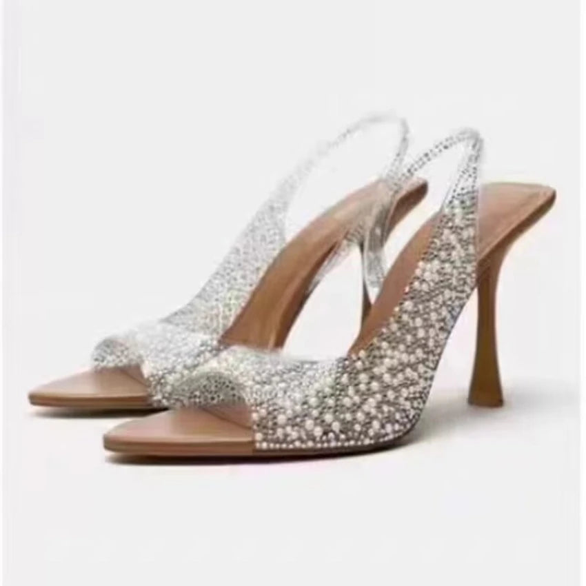 Sandales à talons hauts et bout pointu pour femmes, chaussures Sexy à la mode, décoration de perles, escarpins Slingback pour fête de mariage, été 2023