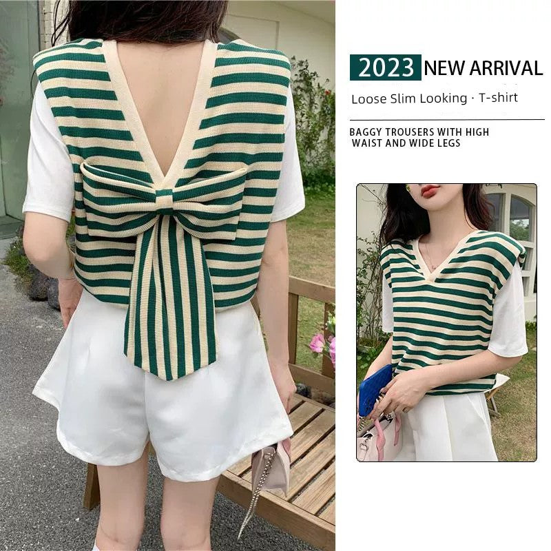 150.00kg plus Size Bow Striped V Neck Short-Sleeved T-shirt for Women Plus Size Ladies Loose False Two Pieces Stylish Niche Top