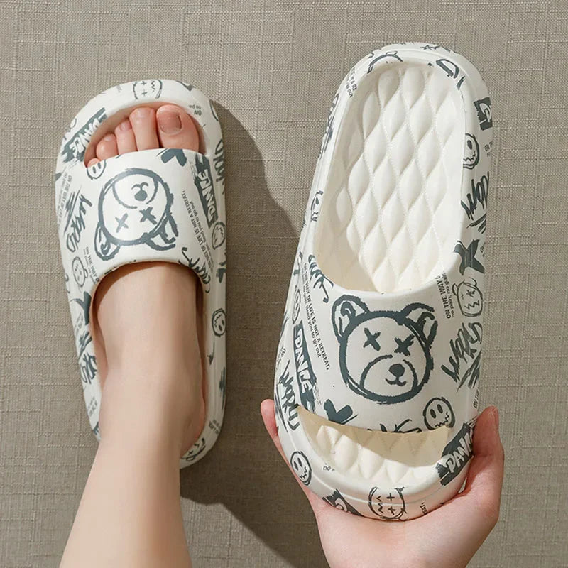 Summer 2024 Women Slippers Trendy Graffiti Print Slippers Platform Flat heel Slides Shoes Men Plus Size EVA Couple Beach Sandals