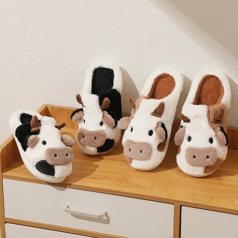 New Winter Unisex Cartoon Cow Warm Plush Slippers Couple's Indoor Non-slip House Mule Men And Women Toe Wrap Home Cotton Shoes