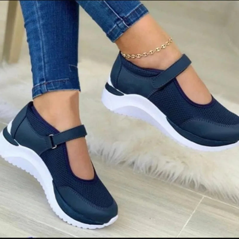 Round Head Knitted Women's Thick Sole Single Shoes Women's Large Size 36-43 Grid Casual Women's Shoes Sneakers Women