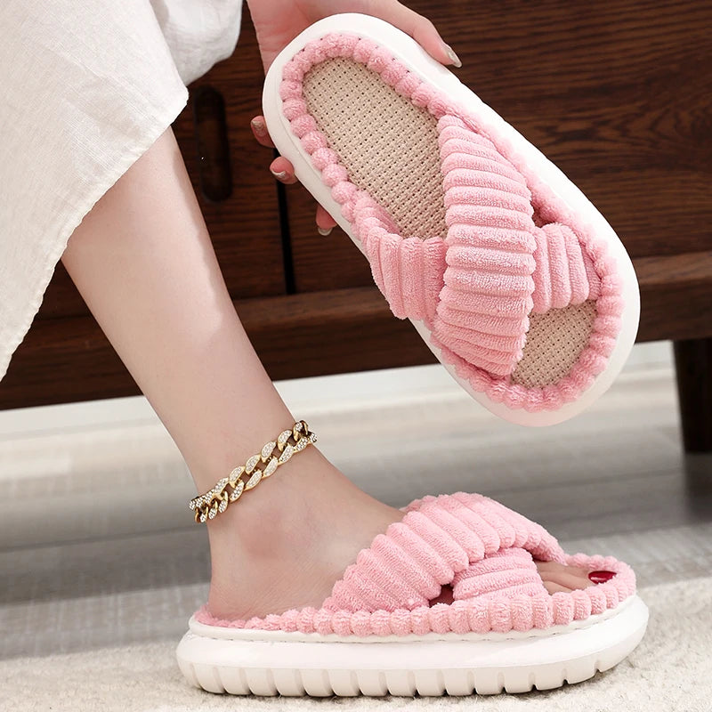 2023 Autumn Winter New Women Home Slippers Open-Toe Cross Band Linen Soled Indoor Slides Linen Soled Non-Slip Bathroom Slippers