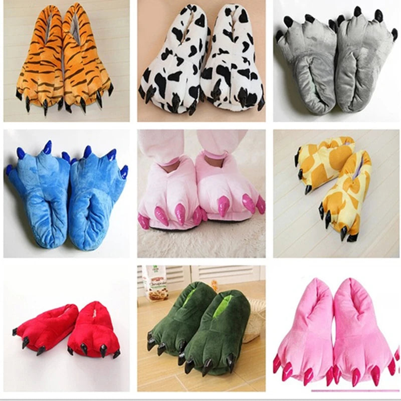 Pantoufles d'intérieur chaudes et douces pour hommes et femmes, chaussures en peluche avec patte d'animal drôle, monstre de noël, griffe de dinosaure, hiver 2023