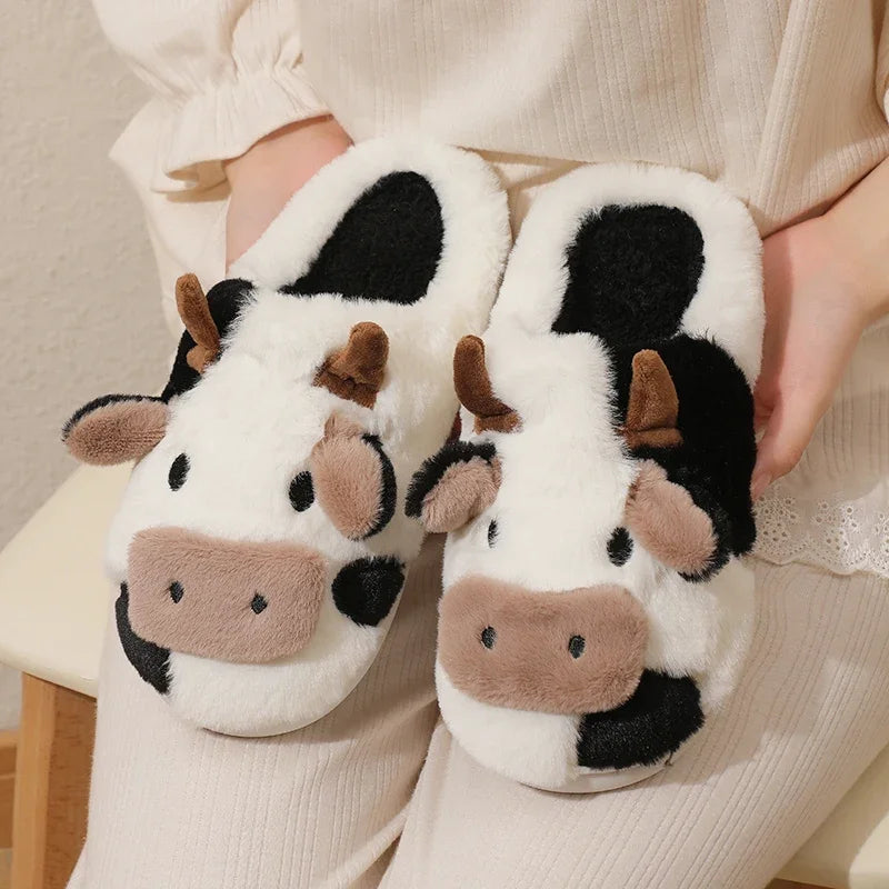 Pantoufles chaudes en peluche unisexes de vache de dessin animé, pantoufles d'intérieur antidérapantes pour Couple, mules de maison pour hommes et femmes, chaussures en coton pour la maison, nouvelle collection hiver