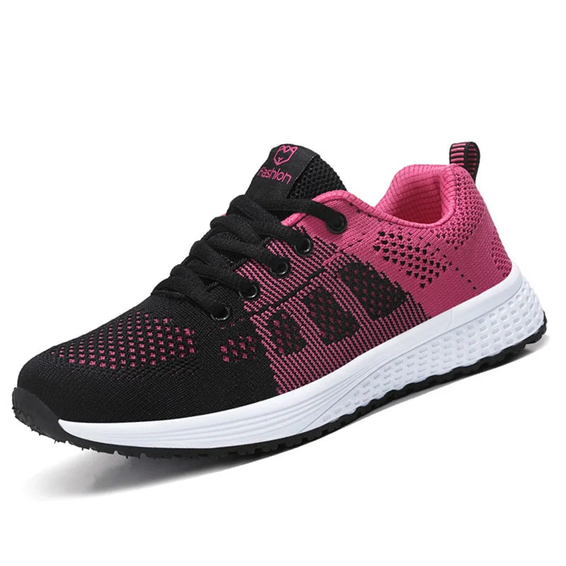 Zapatos casuales de mujer, zapatos planos transpirables de malla con cordones para caminar, zapatillas de deporte para mujer, Tenis femeninos, rosa, negro y blanco