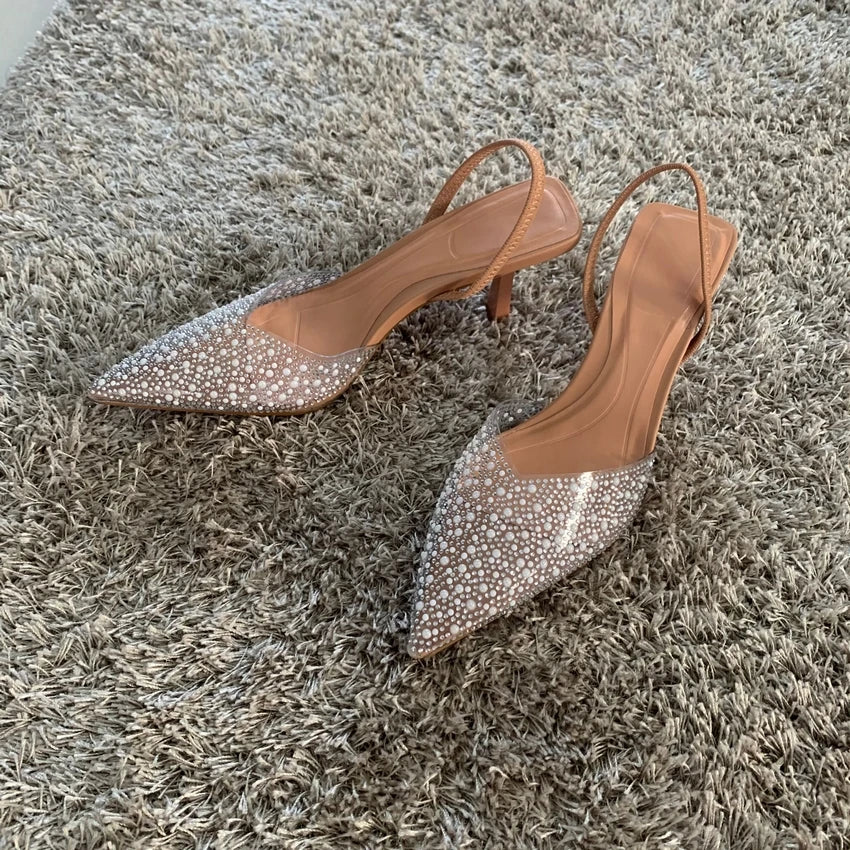 Sandales à talons hauts et bout pointu pour femmes, chaussures Sexy à la mode, décoration de perles, escarpins Slingback pour fête de mariage, été 2023