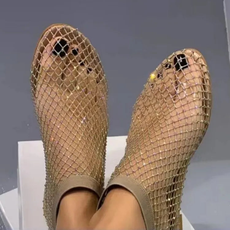 2024 été femmes nouveau luxe orteil fond plat creux bottes courtes eau diamant Sexy fond plat mode Banquet chaussures plates