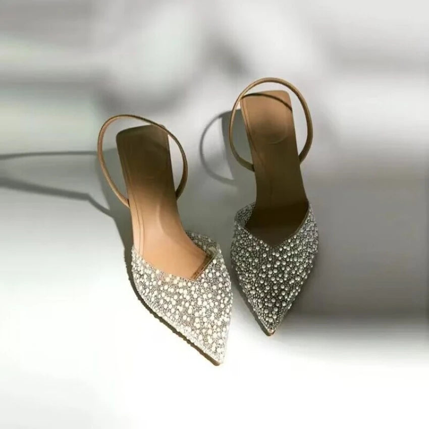 Sandales à talons hauts et bout pointu pour femmes, chaussures Sexy à la mode, décoration de perles, escarpins Slingback pour fête de mariage, été 2023