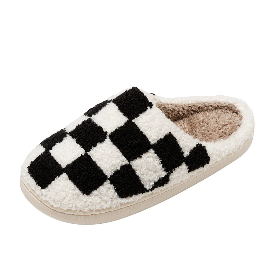 New Fuzzy Slippers Fashion Checker Indoor Embroidery Houseshoes Cozy Woman Winter Fluffy House Retro Checkered Print Shoes