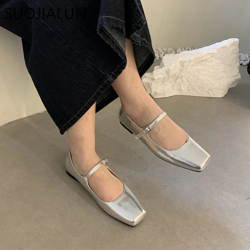 SUOJIALUN 2023 Summer New Brand Women Flats Fashion Square Toe Shallow Mary Jane Shoes Soft Casual Ballet Shoes Slingback Shoes