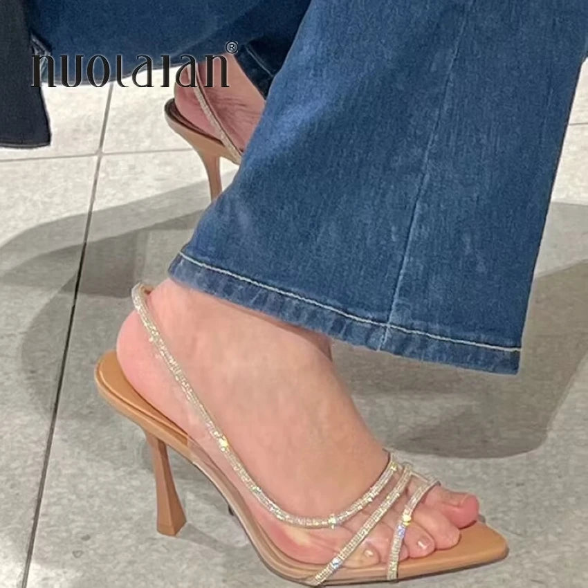 Sandalias de tacón transparente con diamantes de imitación para mujer, zapatos de tacón con espalda descubierta para oficina, elegantes y sexis con punta estrecha, 2023