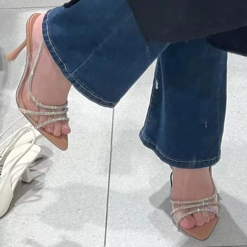 Sandalias de tacón transparente con diamantes de imitación para mujer, zapatos de tacón con espalda descubierta para oficina, elegantes y sexis con punta estrecha, 2023