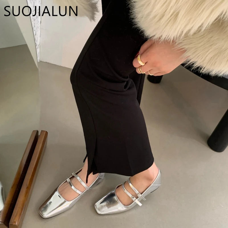 SUOJIALUN 2023 primavera nuevos zapatos planos de mujer a la moda punta cuadrada poco profundos señoras Mary Jane bailarinas zapatos de Ballet informales de tacón plano