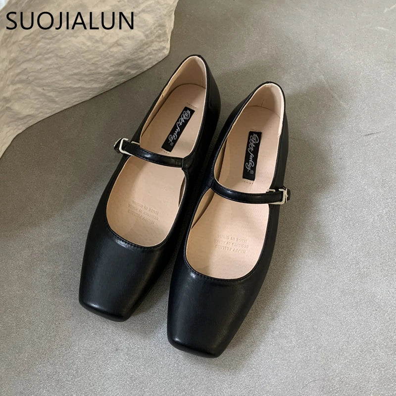 SUOJIALUN 2023 Summer New Brand Women Flats Fashion Square Toe Shallow Mary Jane Shoes Soft Casual Ballet Shoes Slingback Shoes