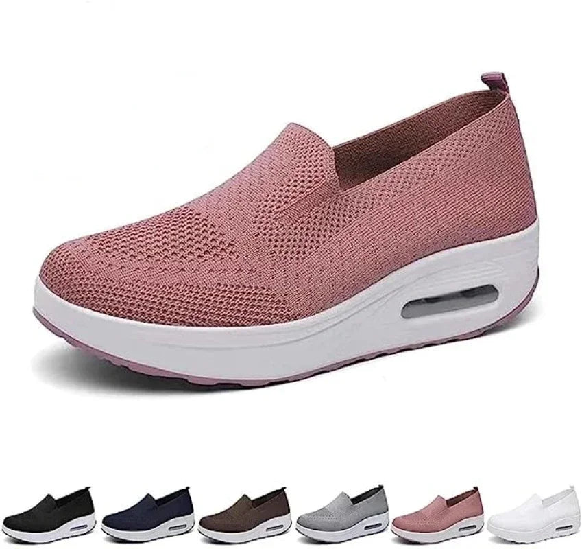 Women Walking Tennis Female Flat Shoes Slip-On Light Air Cushion Mesh Up Stretch Sneakers Running Casual Breathable Sports Shoes