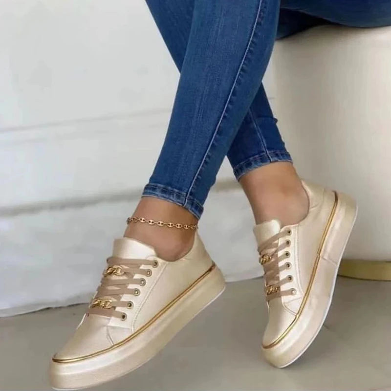 Women's Sneakers 2023 New Fashion Chain Leather Comfortable Round Toe Platform Sneakers Lace-up Walking Women's Vulcanized Shoes