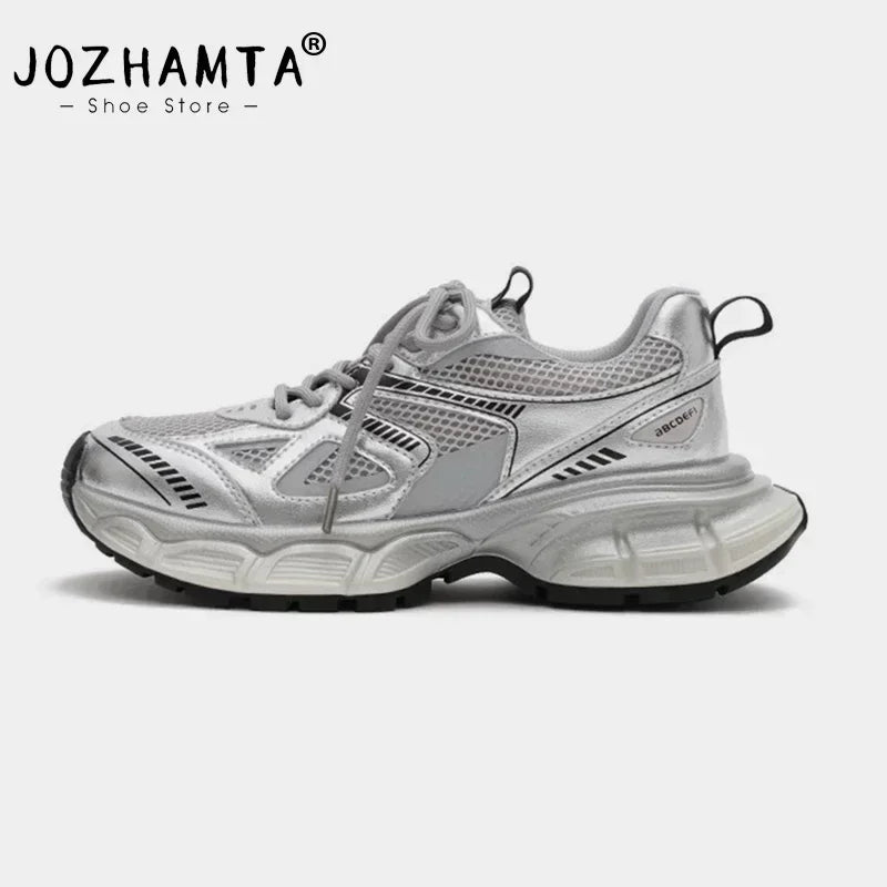 JOZHAMTA, zapatillas de deporte para mujer de talla 35-40, tacones altos de malla de cuero para mujer, zapatos de encaje informales, zapatos de plataforma de moda, tendencia 2023